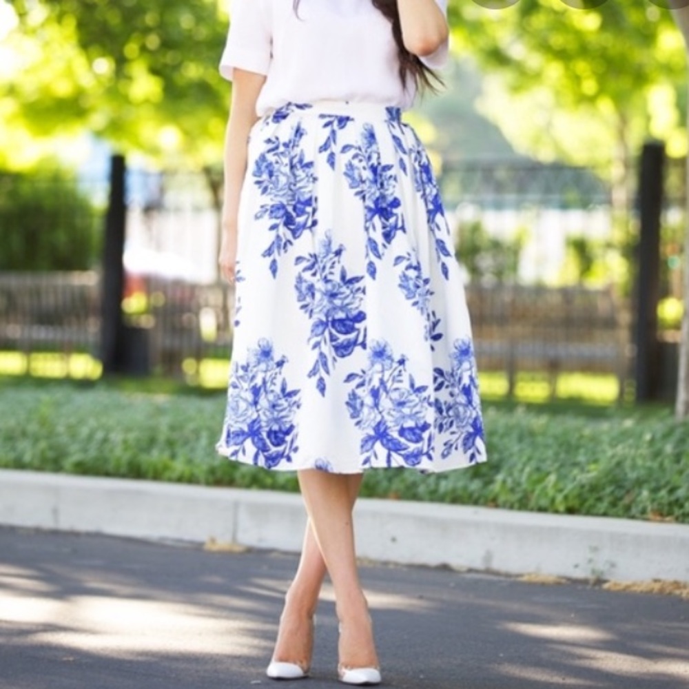 Blue White Floral Midi Skirt